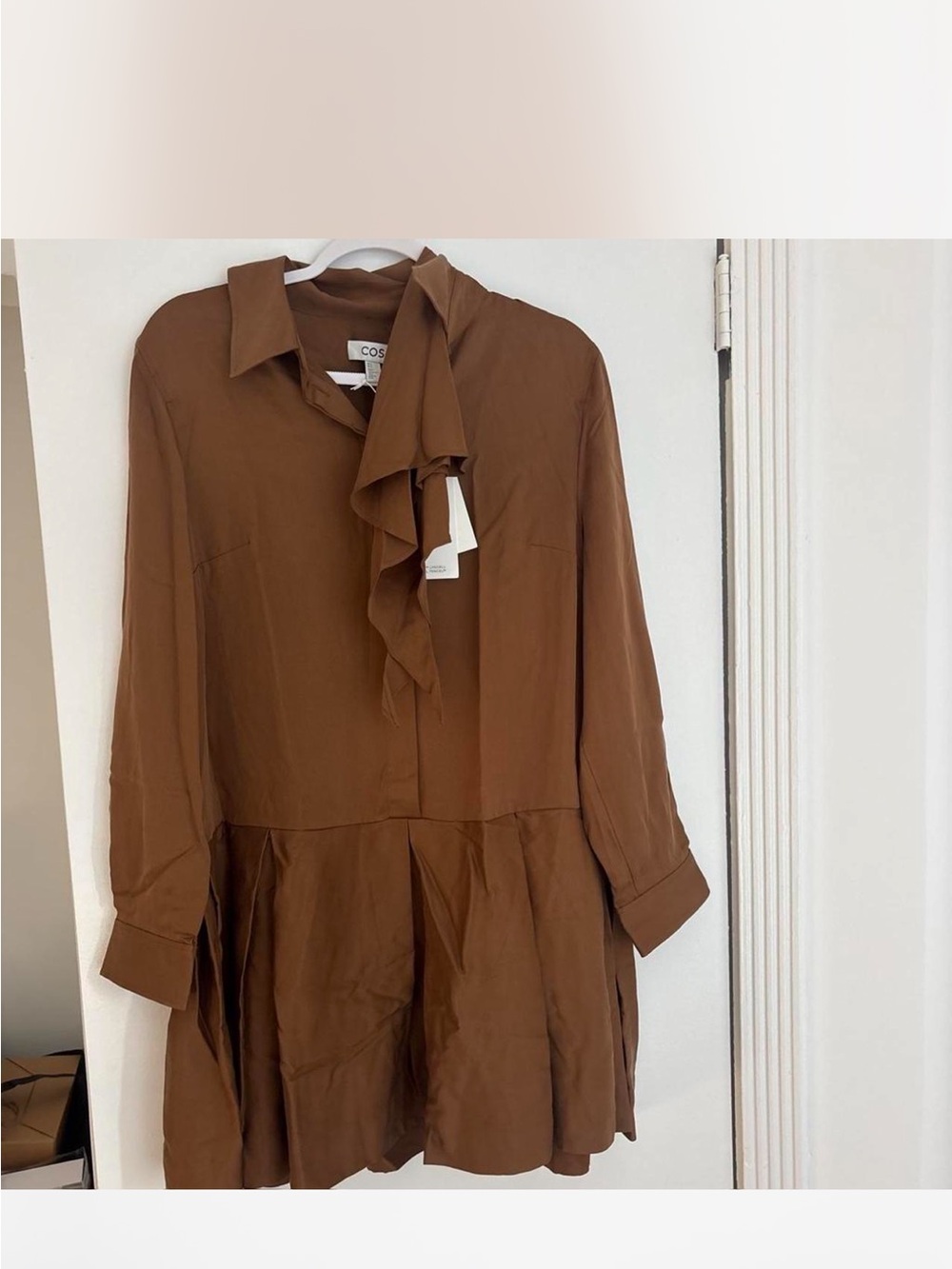 COS Chocolate Brown Tie-Neck Mini Dress